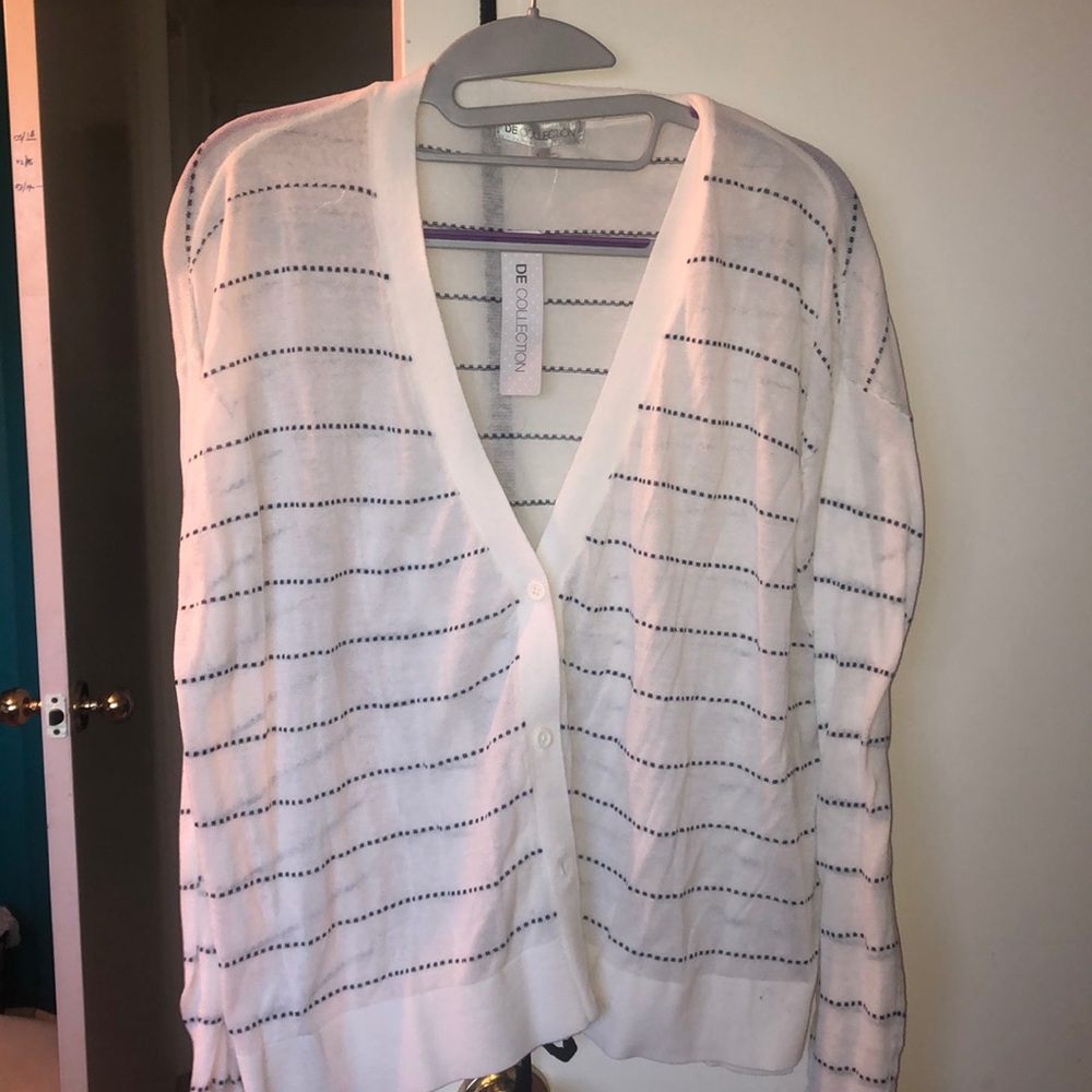 white with thin navy stripes cardigan